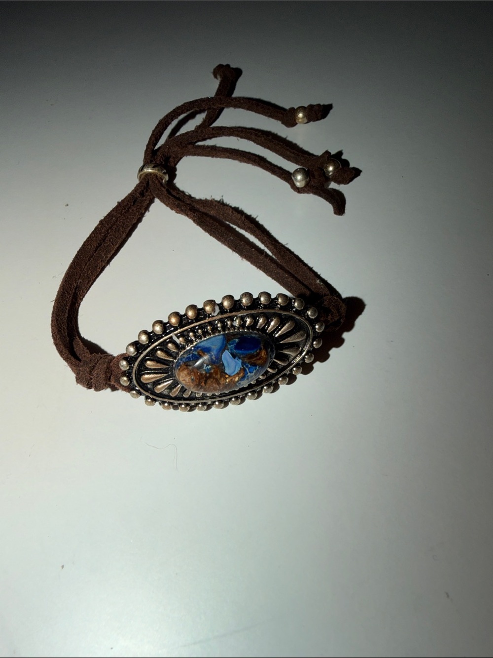 Brown Suede Bolo Style Bracelet with Blue Stone Accent